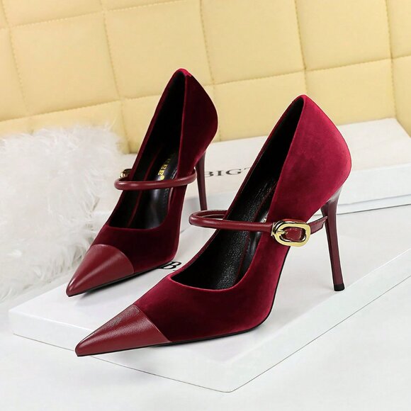 Burgundy Women's Sexy Party High Heels with Thin Heels and Buckle Detail - Picture 1 of 6